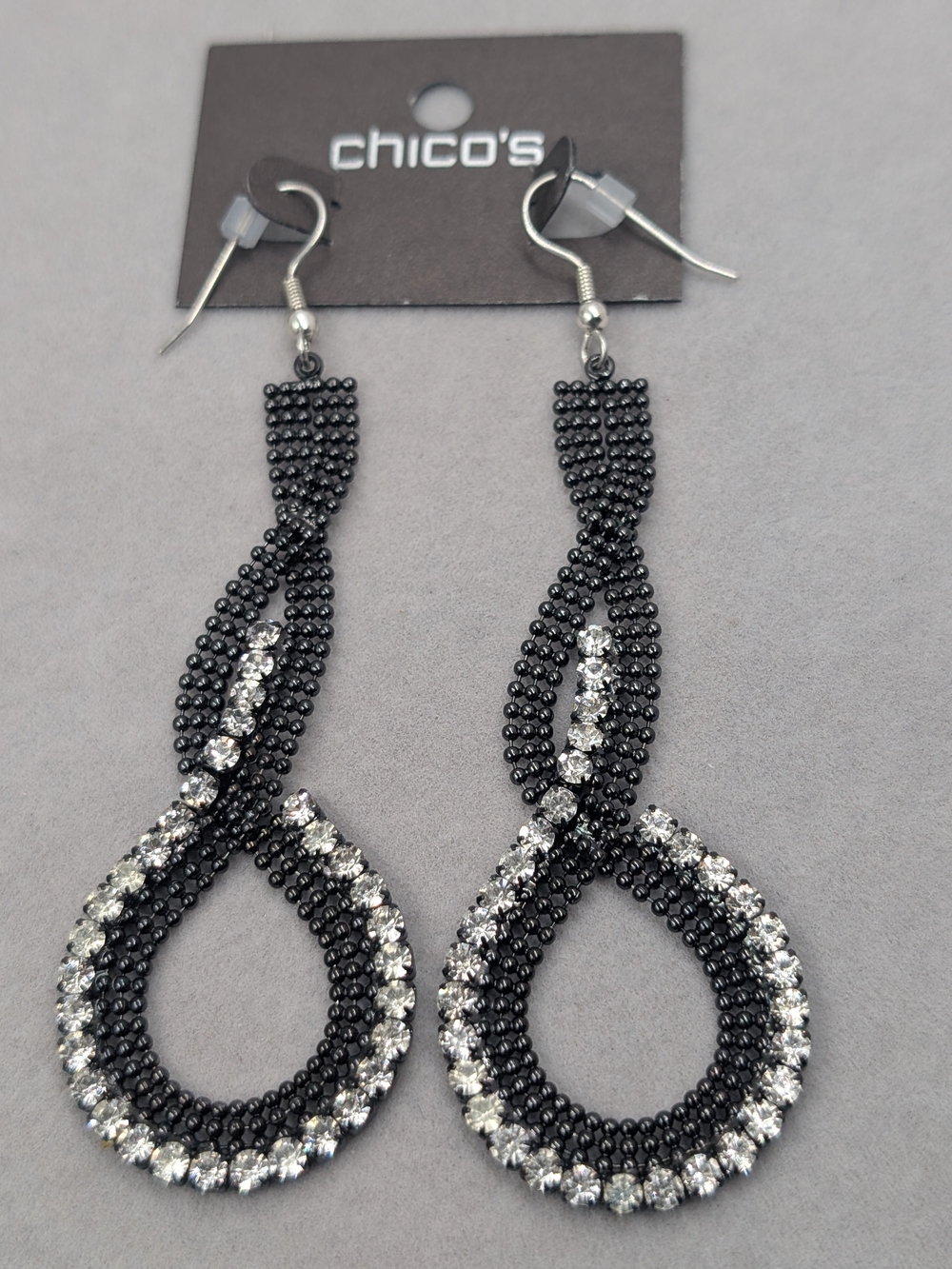 Chico’s Black Beaded Rhinestone Teardrop Statement Earrings | M304